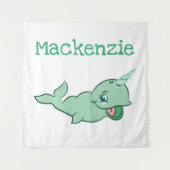 Narwhal Green | Niedlicher Chibi-Cartoon mit Minze Wandteppich (Vorderseite)
