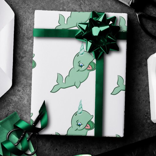 Narwhal Green | Niedliches Minze Chibi Cartoon Par Geschenkpapier