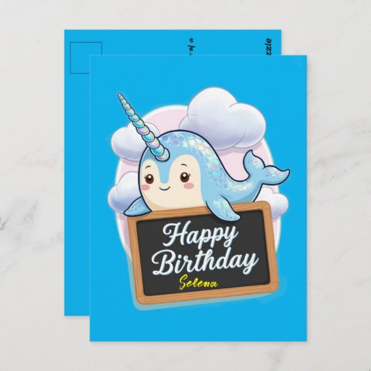 Narwhal hält Geburtstagskalkarte Postkarte (Vorne/Hinten)