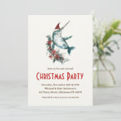 Narwhal in einer Weihnachtsmannmütze Poinsettias W Einladung (Stehend Vorderseite)