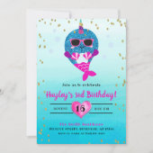 Narwhal Mermaid Girls Glitzer Watercolor Sommer Einladung (Vorderseite)