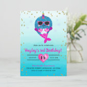 Narwhal Mermaid Girls Glitzer Watercolor Sommer Einladung (Stehend Vorderseite)