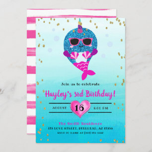 Narwhal Mermaid Girls Glitzer Watercolor Sommer Einladung