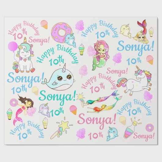 Narwhal, Mermaid, Personalisierter Name Unicorn, A Geschenkpapier (Flach)