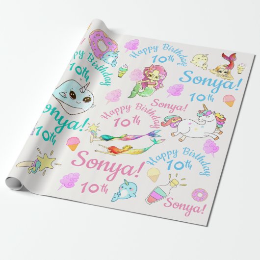 Narwhal, Mermaid, Personalisierter Name Unicorn, A Geschenkpapier (Ungerollt)