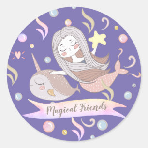 Narwhal Mermaid Starfish Whimsical Lila Runder Aufkleber