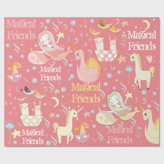 Narwhal Mermaid Unicorn Dragon Whimsical Custom Geschenkpapier (Flach)
