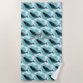 Narwhal on Turquoise Watercolor Herz Personalisier Strandtuch