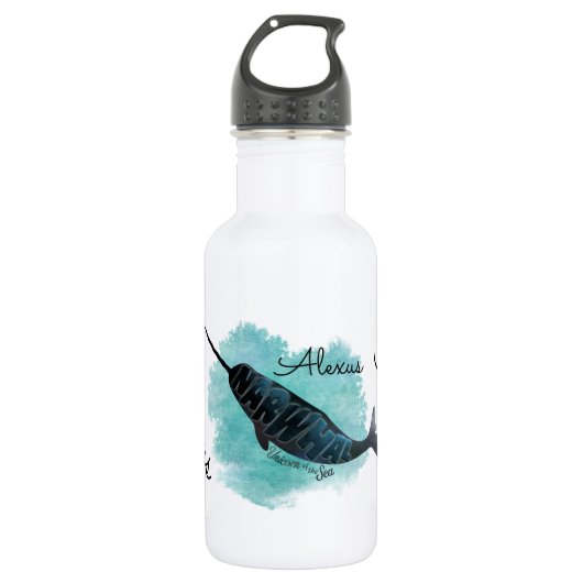 Narwhal on Watercolor Ocean Heart, Personalisiert Edelstahlflasche (Vorderseite)