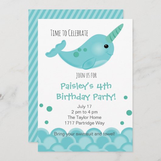 Narwhal-Party Einladung (Vorne/Hinten)