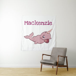 Narwhal Pink Girly Kawaii Chibi Cartoon Custom Wandteppich