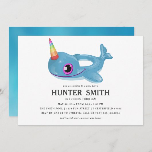 Narwhal Pool Float Birthday Pool Party Einladung (Vorne/Hinten)