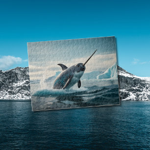 Narwhal springt aus arktischem Wasser Puzzle