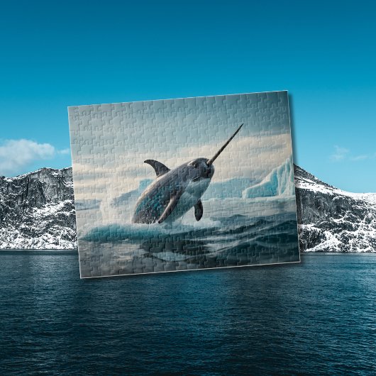 Narwhal springt aus arktischem Wasser Puzzle