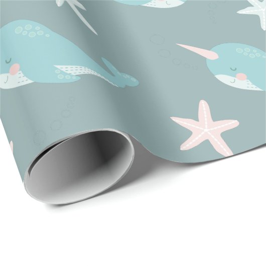 Narwhal & Starfish Muster Green Geschenkpapier (Rolleneckpunkt)
