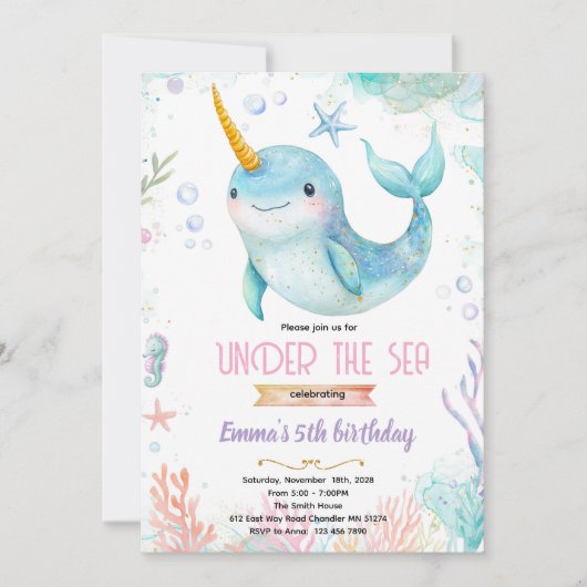 Narwhal theme party invitation einladung (Vorderseite)