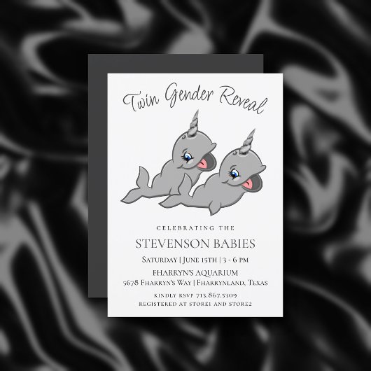 Narwhal Twins | Graue Chibi Cartoon Gender Reveal Einladung