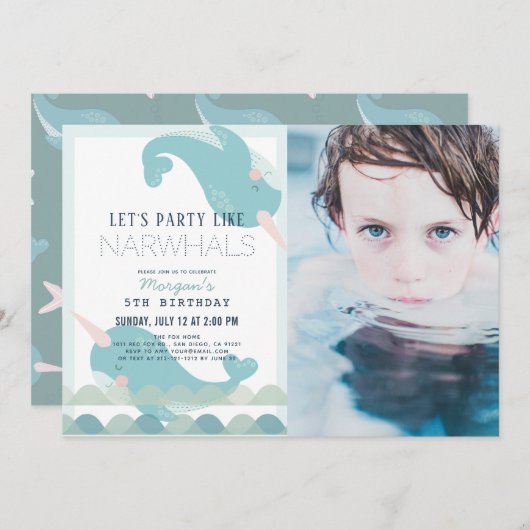 Narwhal Waves Sea Blue Boy Birthday Foto Einladung (Vorne/Hinten)