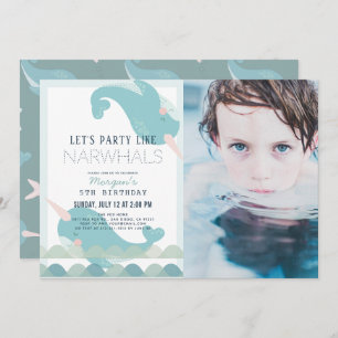 Narwhal Waves Sea Blue Boy Birthday Foto Einladung