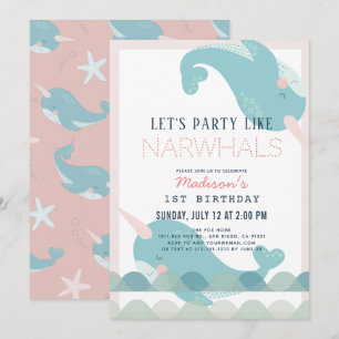 Narwhal Waves Sea Pink Girl 1. Geburtstag Einladung