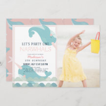 Narwhal Waves Sea Pink Girl Birthday Foto Inv