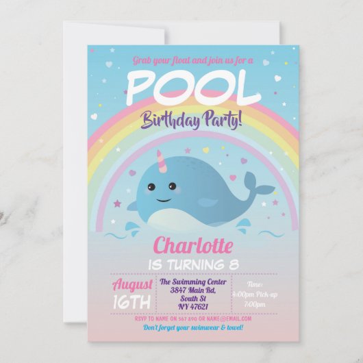Narwhale Pool Party Birthday Beach Float Narwhal Einladung (Vorderseite)