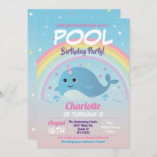 Narwhale Pool Party Birthday Beach Float Narwhal Einladung (Vorne/Hinten)