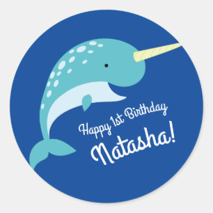 Narwhals Ocean Niedlich 1. Geburtstag Party Thema Runder Aufkleber