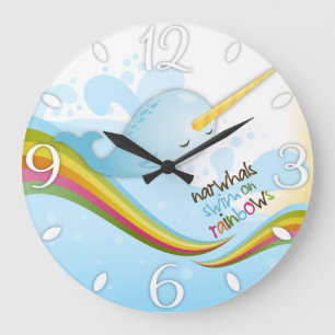 Narwhals Schwimmen auf Regenbogen Große Wanduhr