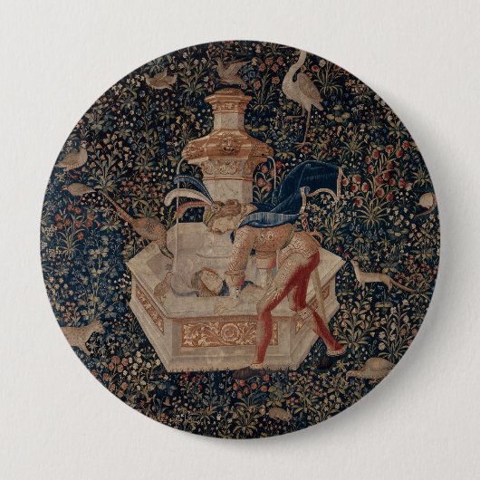 Narziss am Brunnen, mittelalterlicher Teppich Button (Vorderseite)