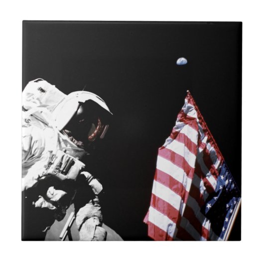 NASA Apollo 17 Astronaut Flag Earth Moon Foto Fliese (Vorderseite)
