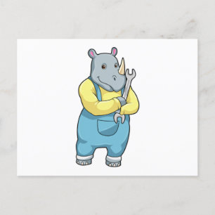 Nashorn als Mechaniker mit Schraubenschlüssel Postkarte