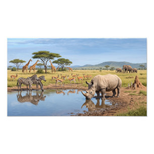 Nashorn beim Trinken am Wasserloch in der Savanne Fotodruck