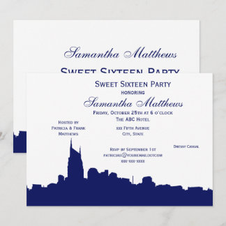 Nashville Black Skyline Silhouette Sweet 16 Blue Einladung