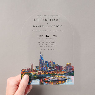 Nashville Riverfront Aquarell Hochzeitsbogen Acryleinladungen