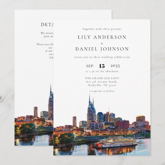Nashville Riverfront Watercolor QR Code Wedding Einladung (Vorne/Hinten)