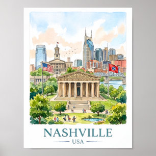 Nashville Tennessee Reise Wasserfarbe Stadtansicht Poster