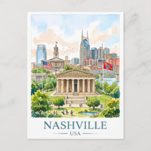 Nashville Tennessee Reise Wasserfarbe Stadtbild Postkarte