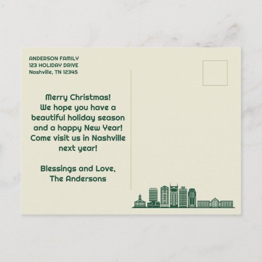 Nashville, TN Skyline Weihnachtsfeiertag Postkarte (Rückseite)