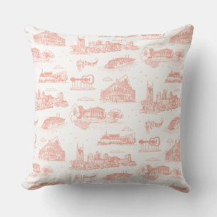 Nashville Toile Korallenrosa auf Weiß Kissen
