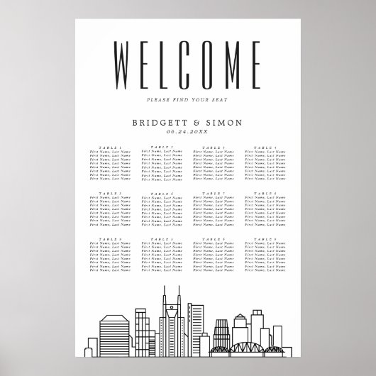 Nashville Wedding | 12 Tabelle Seating Chart Poster (Vorne)