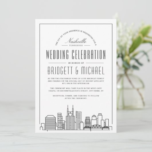 Nashville Wedding | Modern Deko City Skyline Einladung (Stehend Vorderseite)