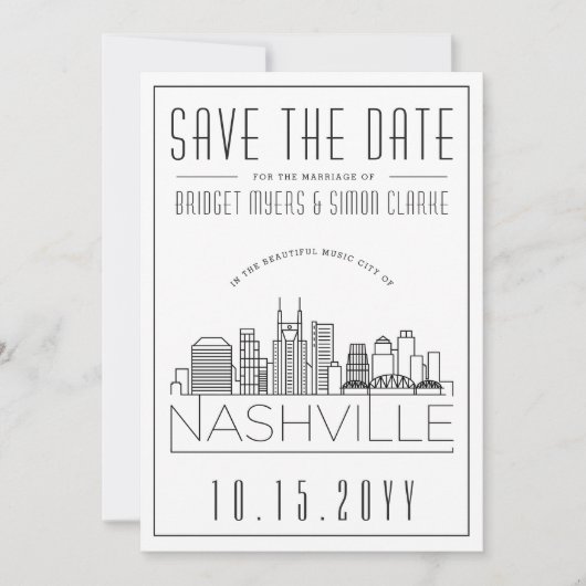 Nashville Wedding | Stilisierte Skyline Save the D Einladung (Vorderseite)