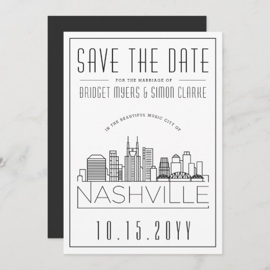 Nashville Wedding | Stilisierte Skyline Save the D Einladung (Vorne/Hinten)