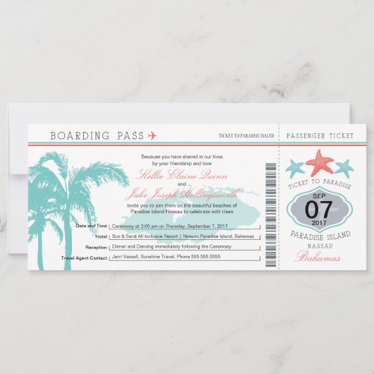 Nassau Bahamas Hochzeit-Boarding-Pass Einladung (Vorderseite)