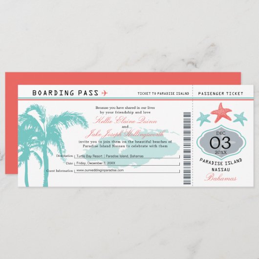 Nassau Bahamas Hochzeit Boarding Pass Einladung (Vorne/Hinten)