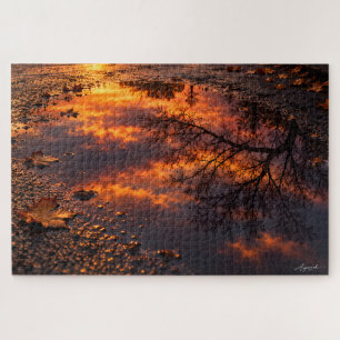 Nasse Asphalt-Sonnenuntergangs-Reflexionsfotografi Puzzle