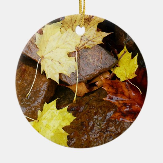 Nasse Blätter und Steine Herbstfotografie Keramik Ornament (Vorne)