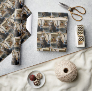 Nasse getigerte Katze sitzt in einer Küchenspüle Geschenkpapier
