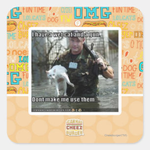 Nasse Katze und Gewehr Quadratischer Aufkleber